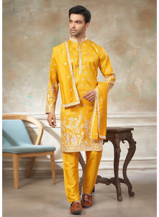 OUTLUK Yellow Embroidered Kurta and Pajama for Men - Image 1